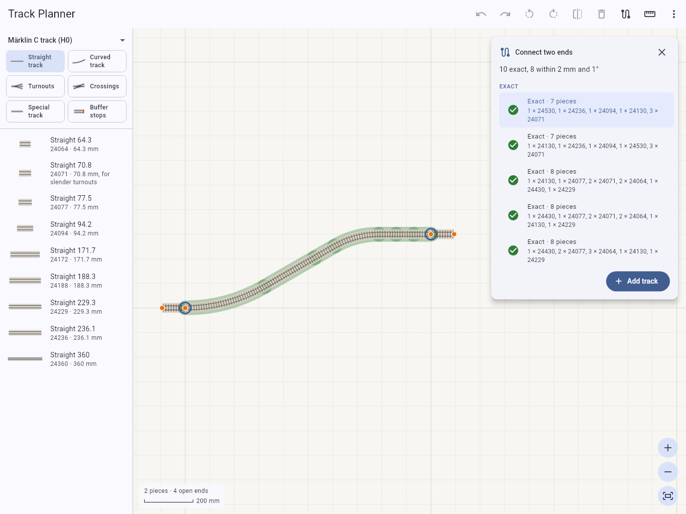 Routes listed between two open ends, with the selected one previewed